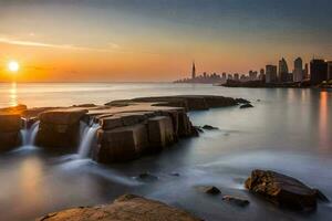 a Sol conjuntos sobre a cidade Horizonte dentro isto foto. gerado por IA foto