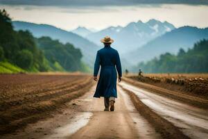 uma homem dentro uma azul vestir e chapéu caminhando baixa uma sujeira estrada. gerado por IA foto