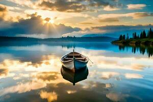 uma barco é flutuando em uma calma lago às pôr do sol. gerado por IA foto