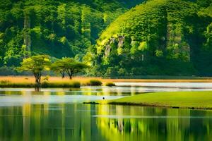 uma lago cercado de verde colinas e árvores gerado por IA foto