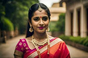 uma lindo indiano mulher dentro uma vermelho sári. gerado por IA foto