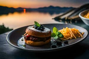 uma prato com uma sanduíche e alguns fritas em isto. gerado por IA foto