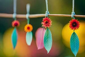 colorida flores suspensão a partir de uma varal de roupas. gerado por IA foto