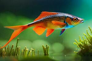 uma peixe com uma brilhante laranja e azul cauda. gerado por IA foto