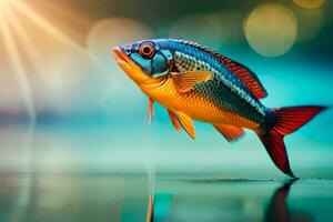 uma peixe com brilhante cores é natação dentro a água. gerado por IA foto