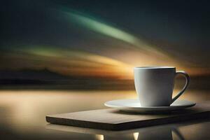 café copo em uma de madeira bandeja com uma pôr do sol dentro a fundo. gerado por IA foto
