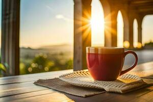 uma copo do café em uma de madeira mesa dentro a Sol. gerado por IA foto