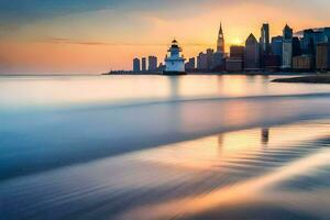 a Chicago Horizonte é visto dentro a distância às pôr do sol. gerado por IA foto