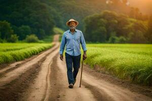 Senior homem caminhando dentro a arroz campo. gerado por IA foto
