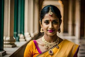 uma lindo indiano mulher vestindo uma amarelo sári. gerado por IA foto