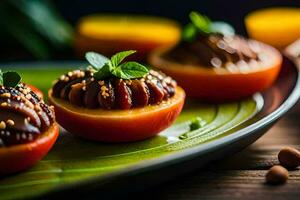 três recheado tomates em uma prato com nozes. gerado por IA foto