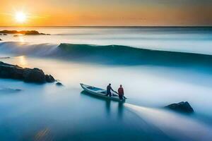 dois pessoas dentro uma barco em a oceano às pôr do sol. gerado por IA foto