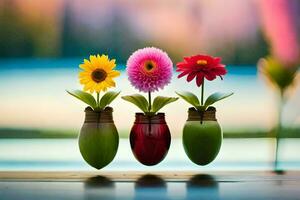 três vasos com flores dentro eles em uma mesa. gerado por IA foto