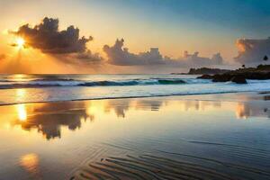 a Sol conjuntos sobre a oceano e ondas em uma de praia. gerado por IA foto