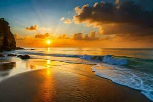 a Sol sobe sobre a oceano dentro isto lindo de praia cena. gerado por IA foto