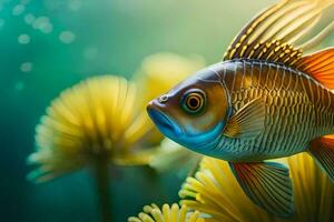 uma peixe natação dentro a água com amarelo flores gerado por IA foto