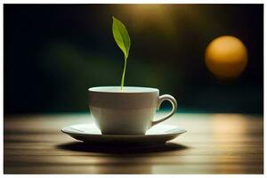 uma copo do café com uma verde plantar crescendo Fora do isto. gerado por IA foto