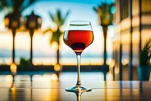 uma vidro do vermelho vinho em uma mesa dentro frente do uma piscina. gerado por IA foto