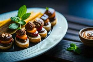 uma prato do aperitivos com carne e legumes. gerado por IA foto