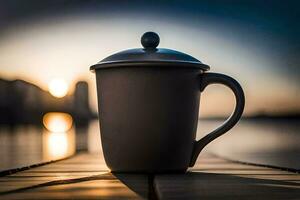 café caneca em de madeira mesa com pôr do sol dentro fundo. gerado por IA foto