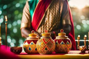 uma homem é configuração velas em uma mesa com colorida potes. gerado por IA foto