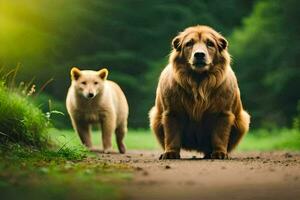 dois cachorros em pé em uma sujeira estrada dentro a madeiras. gerado por IA foto