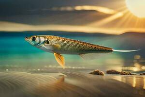 uma peixe é vôo sobre a oceano às pôr do sol. gerado por IA foto