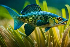 uma peixe dentro a água com Relva e plantas. gerado por IA foto