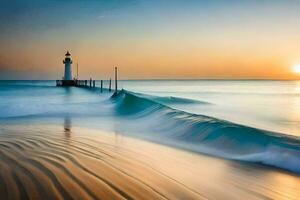 uma farol carrinhos em a de praia às pôr do sol. gerado por IA foto