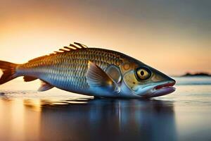 uma peixe é natação em a de praia às pôr do sol. gerado por IA foto