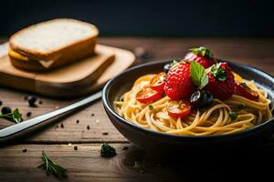 espaguete com tomates, manjericão e morangos dentro uma tigela. gerado por IA foto