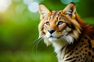 uma fechar acima do uma lince olhando fora para dentro a distância. gerado por IA foto