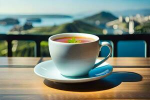 uma copo do chá em uma mesa com uma Visão do a cidade. gerado por IA foto