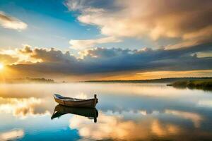 uma barco em a calma água às nascer do sol. gerado por IA foto