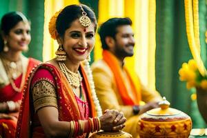 uma noiva e noivo dentro tradicional indiano traje. gerado por IA foto