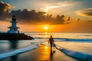 uma homem caminhando ao longo a de praia com uma prancha de surfe às pôr do sol. gerado por IA foto