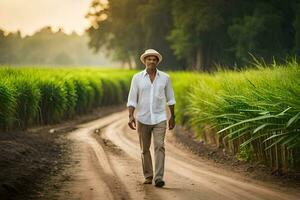 uma homem dentro uma branco camisa e chapéu caminhando baixa uma sujeira estrada. gerado por IA foto