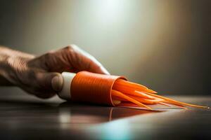 uma mão segurando uma cenoura dentro uma tubo. gerado por IA foto
