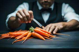 uma homem dentro uma terno é corte cenouras com uma faca. gerado por IA foto