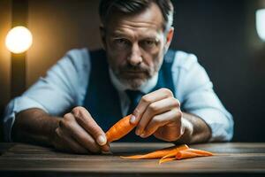 uma homem é corte uma cenoura com uma faca. gerado por IA foto