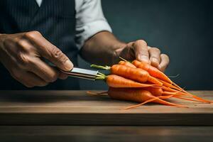 uma homem é corte cenouras com uma faca. gerado por IA foto