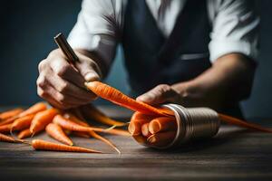 uma homem é corte cenouras com uma faca. gerado por IA foto