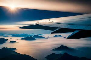 a avião asa é vôo sobre montanhas e água. gerado por IA foto