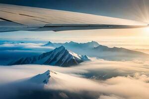 uma Visão do a montanhas a partir de a avião janela. gerado por IA foto