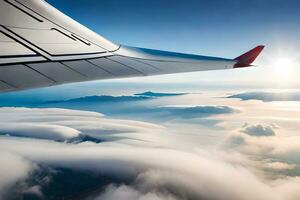 a avião asa é visto vôo sobre nuvens. gerado por IA foto