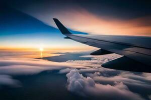 a avião asa é visto vôo sobre nuvens. gerado por IA foto