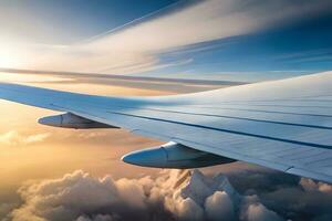 a avião asa vôo sobre nuvens. gerado por IA foto