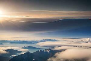 uma avião vôo sobre a montanhas com a Sol brilhando. gerado por IA foto