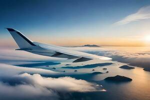 uma ampla avião vôo sobre a oceano com nuvens. gerado por IA foto