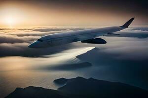 a avião vôo sobre a oceano com nuvens dentro a fundo. gerado por IA foto